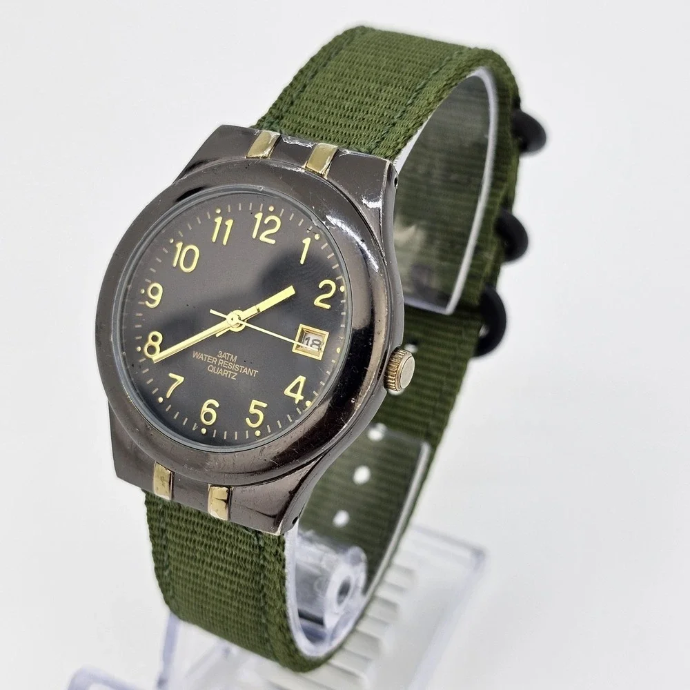 Men's Watch 37MM Black Dial Date New Army Green‎ Nylon Bands New Battery